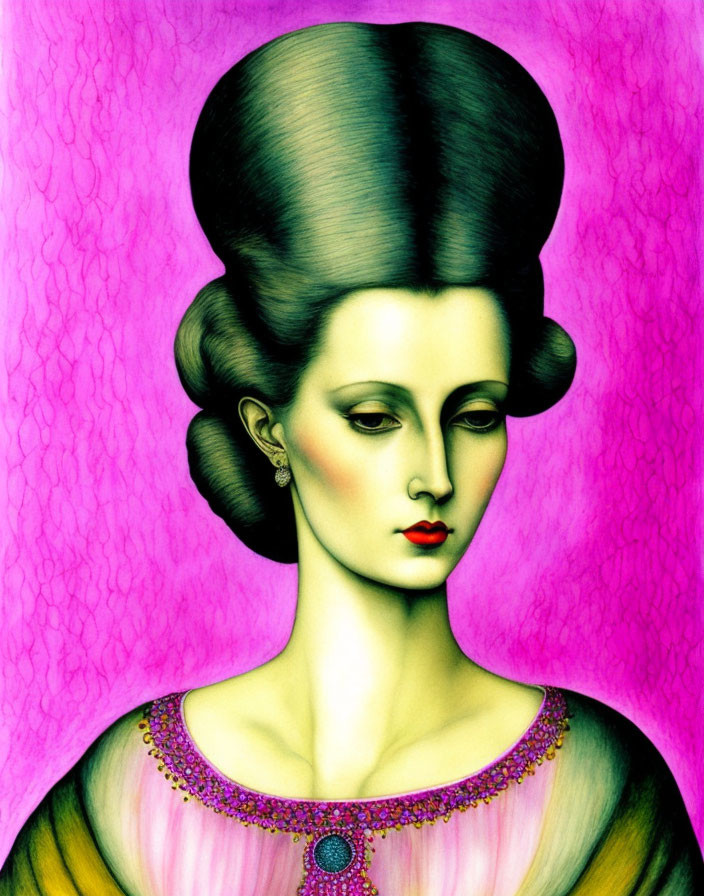 Colorful illustration of woman with beehive hairstyle and ornate neckline