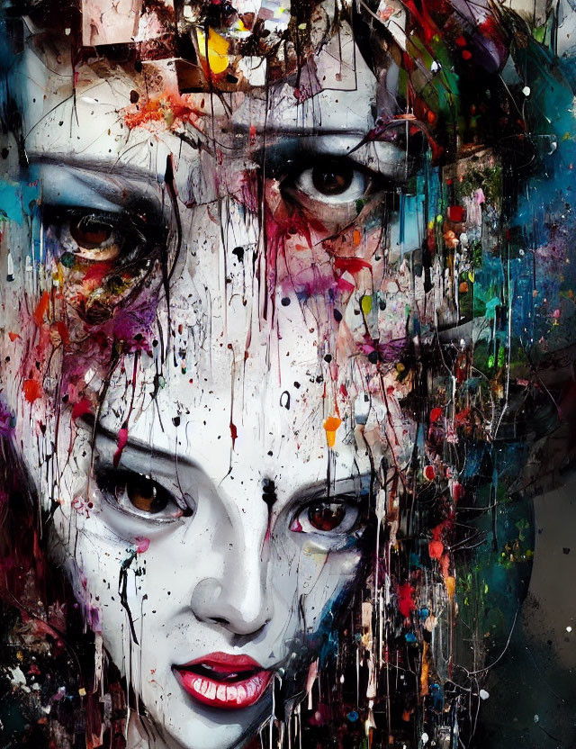 Vivid abstract face painting with intense eyes and colorful splashes