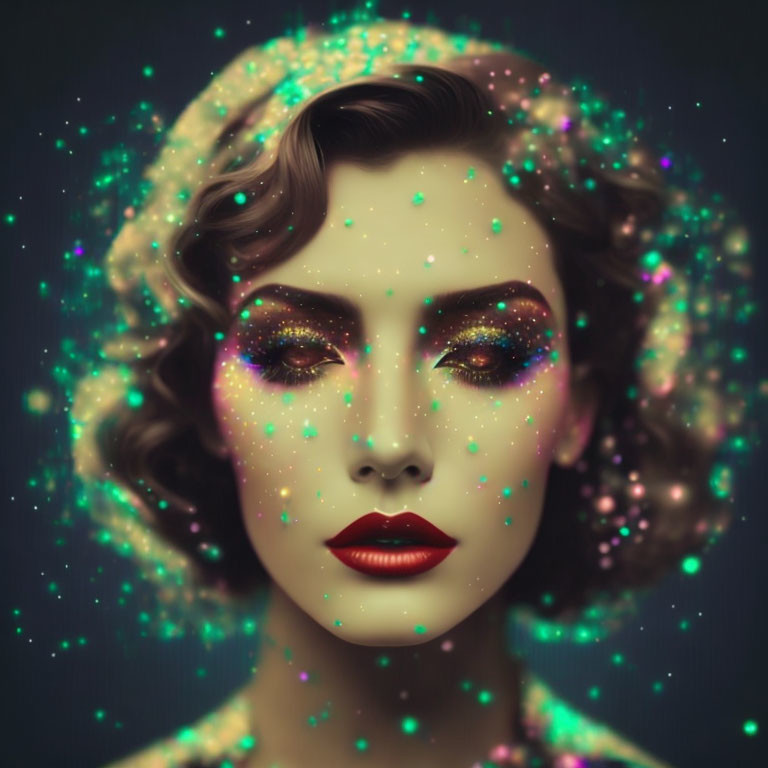 Stylized portrait of woman with vintage waves hairstyle and galaxy-themed aura