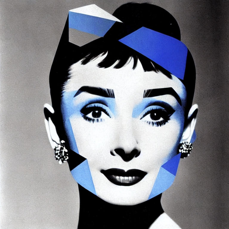 Monochrome photo of woman with geometric blue shapes for abstract effect