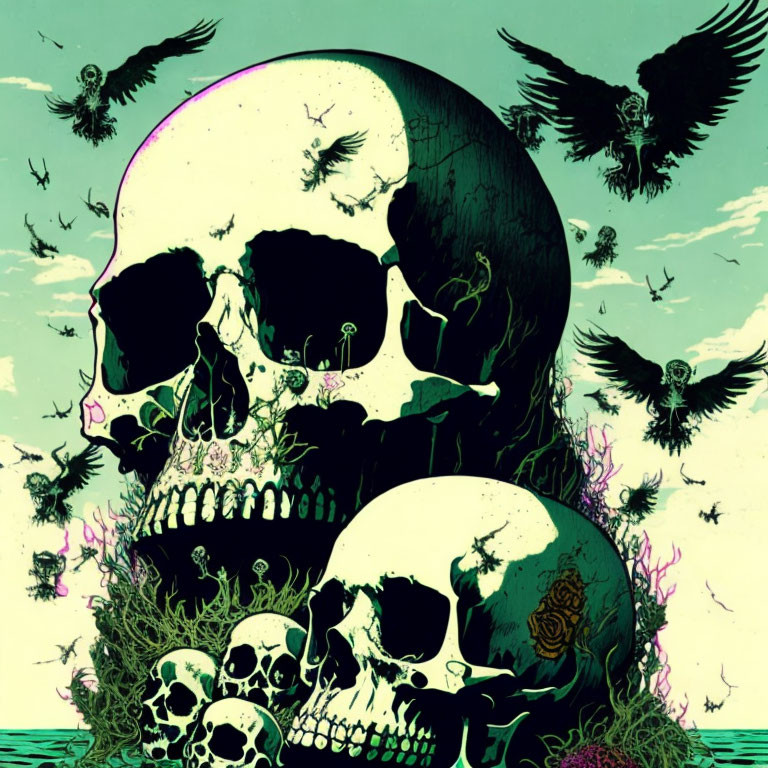 Detailed Skull and Bird Illustration on Turquoise Background with Purple Moon Arc