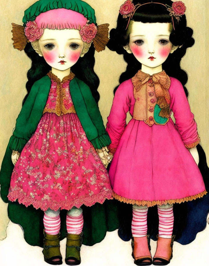 Illustrated girls in vintage dresses with rosy cheeks and matching accessories