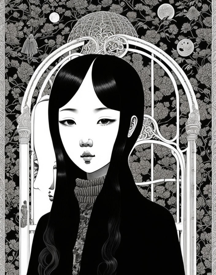 Monochromatic illustration of woman with long hair in chair against detailed background