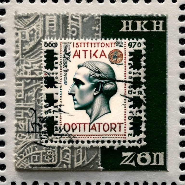 Vintage Stamp with Greco-Roman Bust Profile and Postmarks