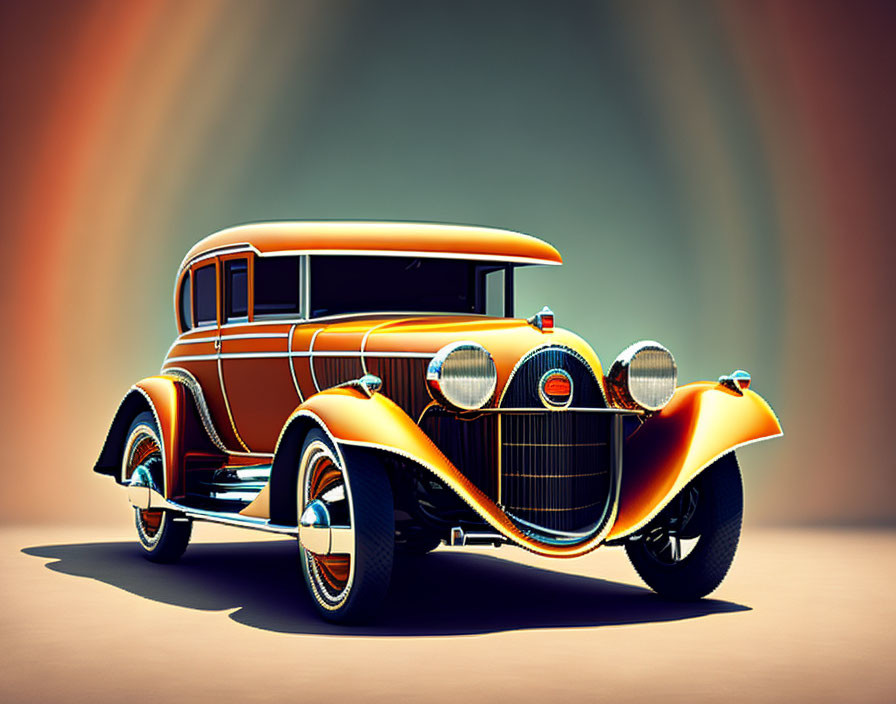 Vintage Orange and Black Car with Chrome Grille and Round Headlights