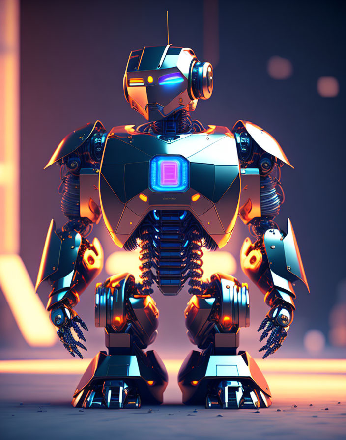 Futuristic humanoid robot with glowing orange joints and blue chest light