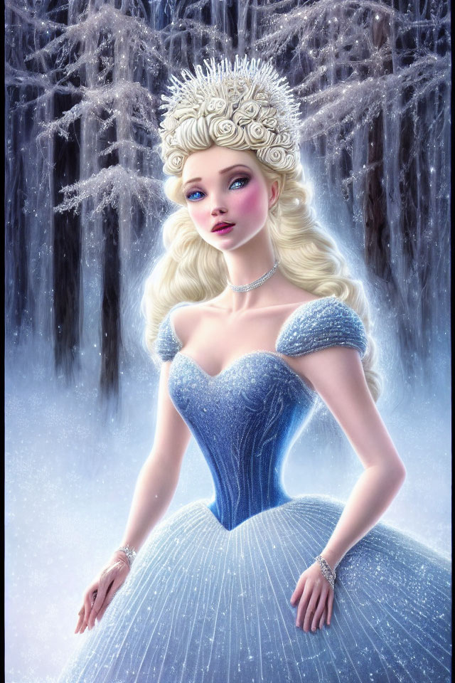 Ethereal woman in blue gown and white headdress in snowy forest