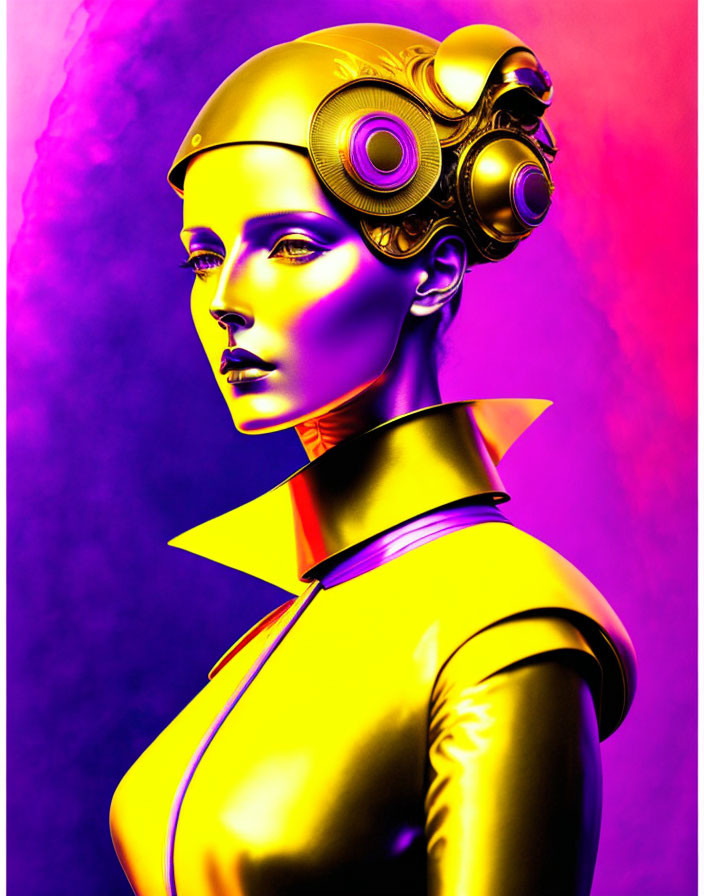 Futuristic digital artwork: Golden-skinned female figure in mechanical helmet on pink and purple background