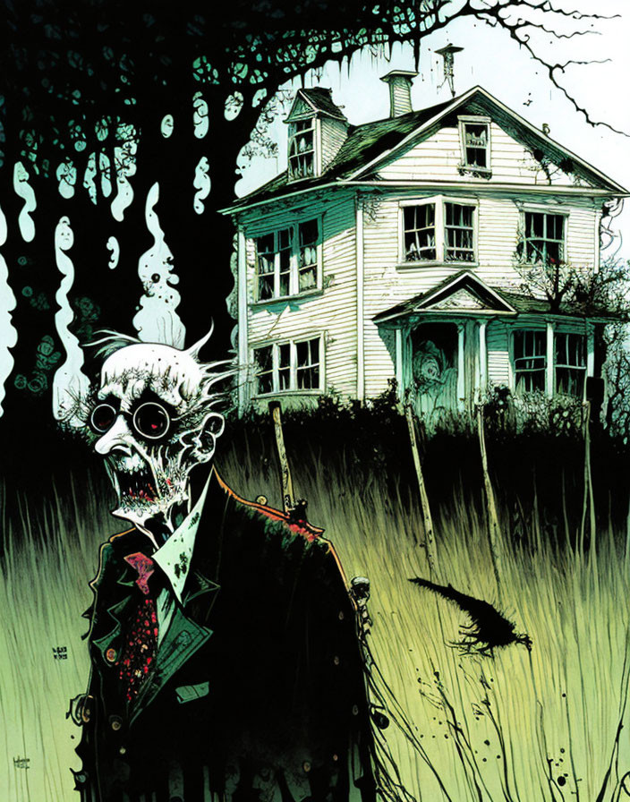 Illustrated zombie in suit before haunted house with floating specters