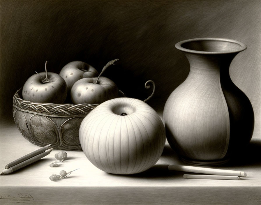 Monochrome still life with apples, striped apple, vase, pencils, and seeds