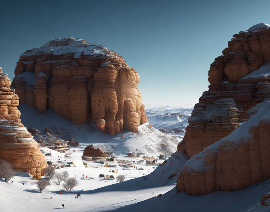 Scenic snow-covered village among red rock formations