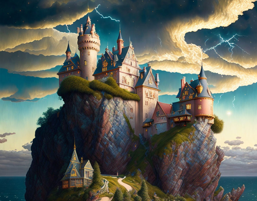 Castle on Steep Cliff under Dramatic Sky with Lightning Bolts