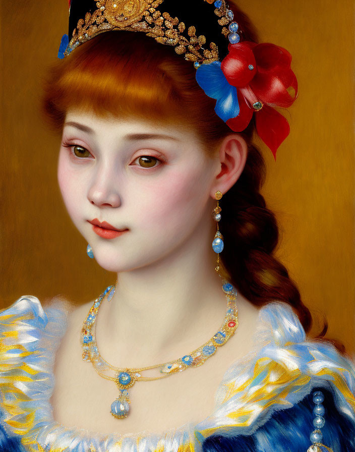 Portrait of woman with braided hairstyle, pearl earrings, blue dress, gold details, and red flower