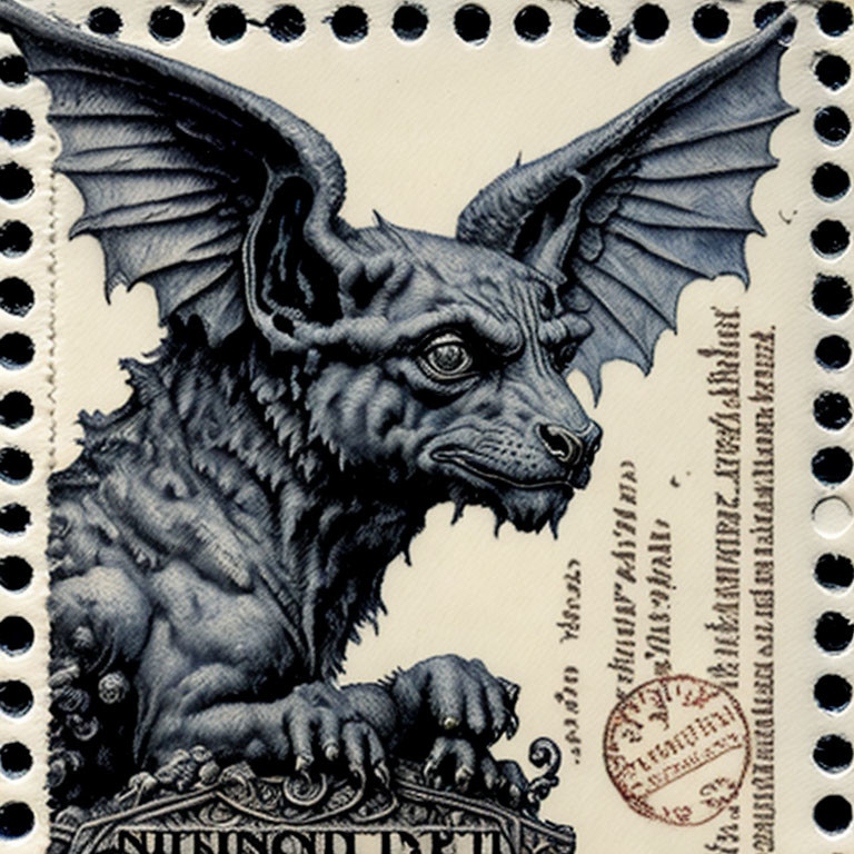 Detailed Bat-Winged Creature Illustration on Postage Stamp