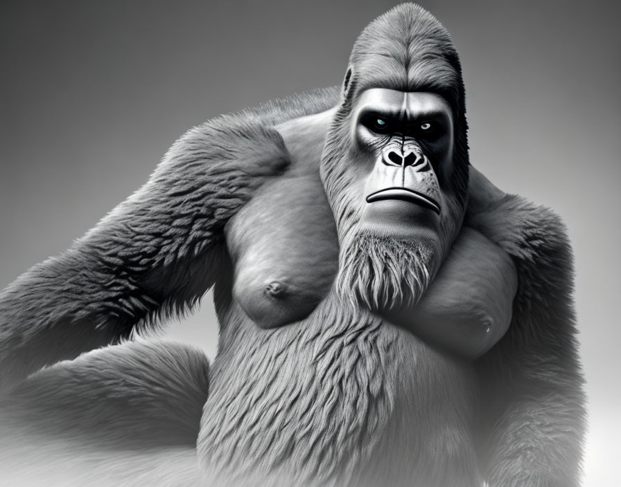 Detailed Digital Image of Contemplative Silverback Gorilla Against Gray Background