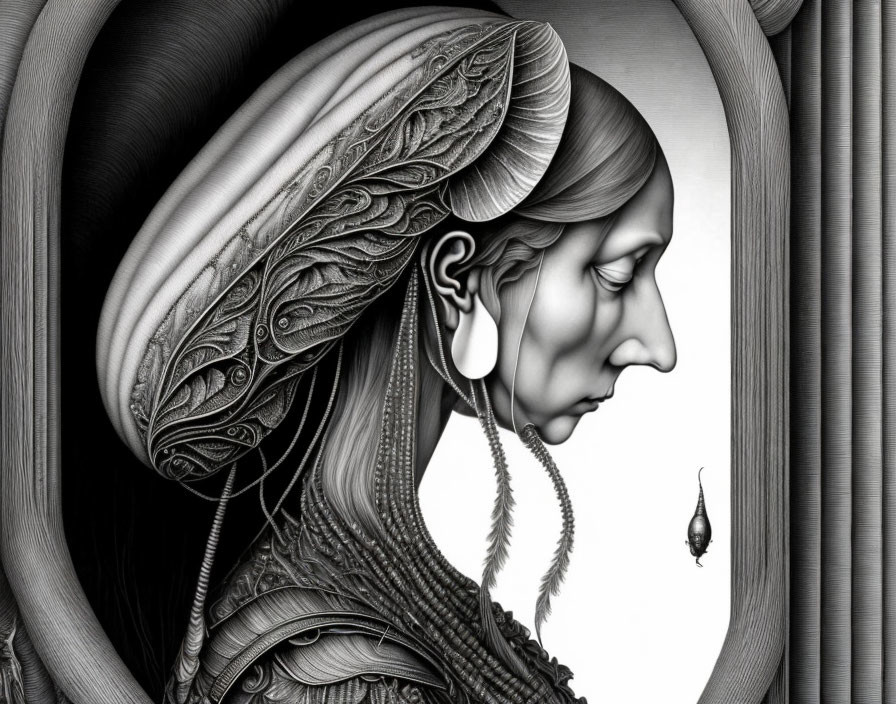 Monochrome surreal artwork of woman with ornate headdress and tear, intricate braid details