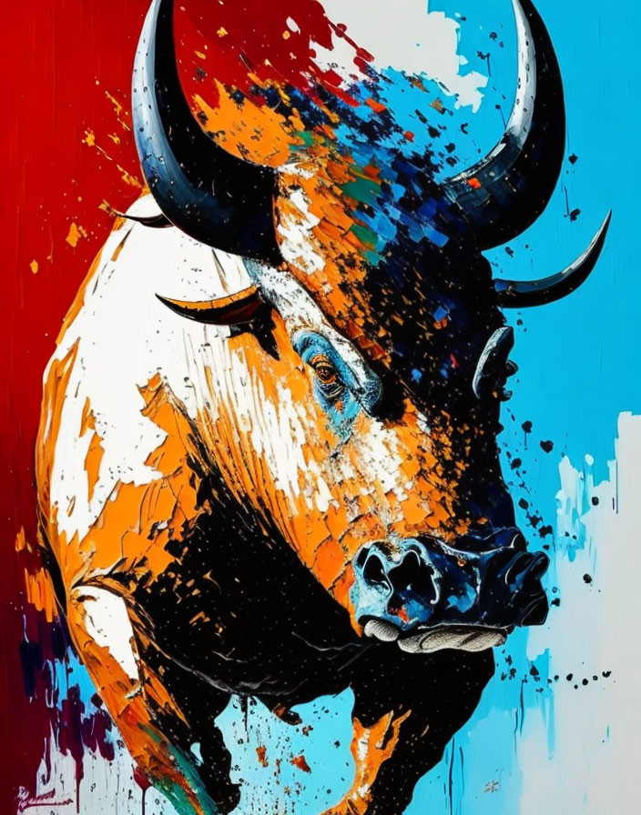 Abstract Bull Painting with Blue, Red, and White Splashes on Orange Background