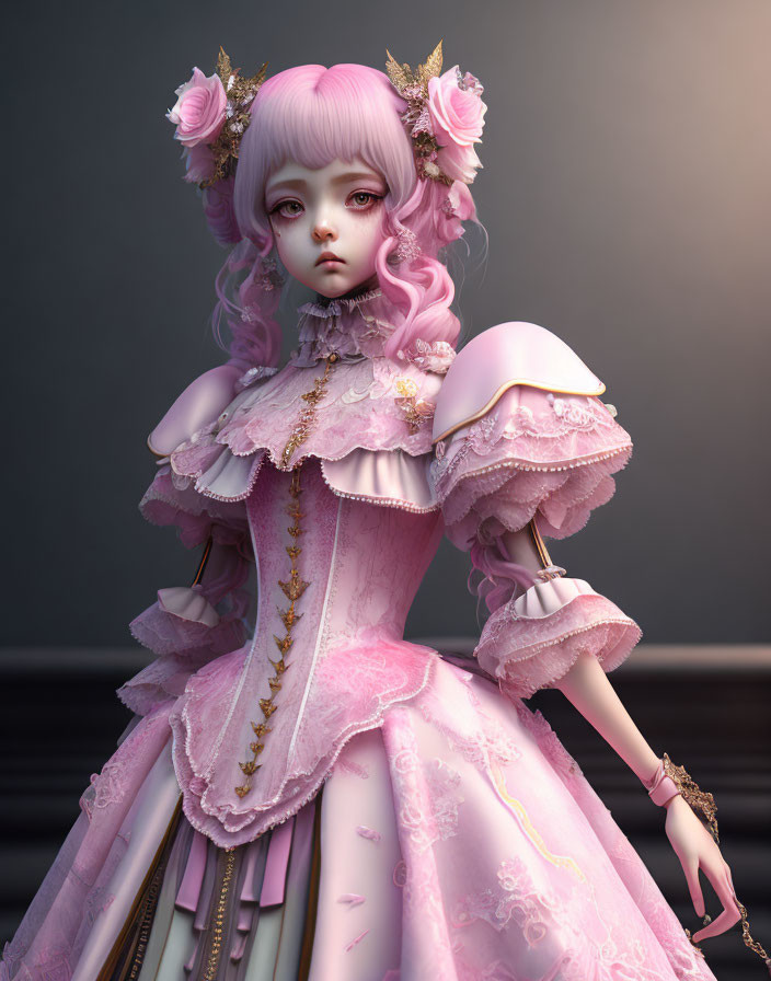 Purple-haired doll figure in pink Victorian attire with lace and floral details