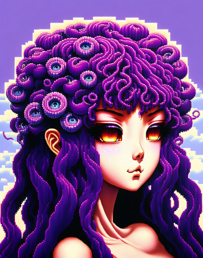 Stylized character with purple curly hair and multiple eyes in digital artwork