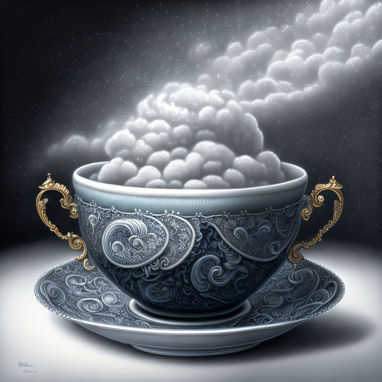 Ornate teacup on saucer in surreal stormy sky setting