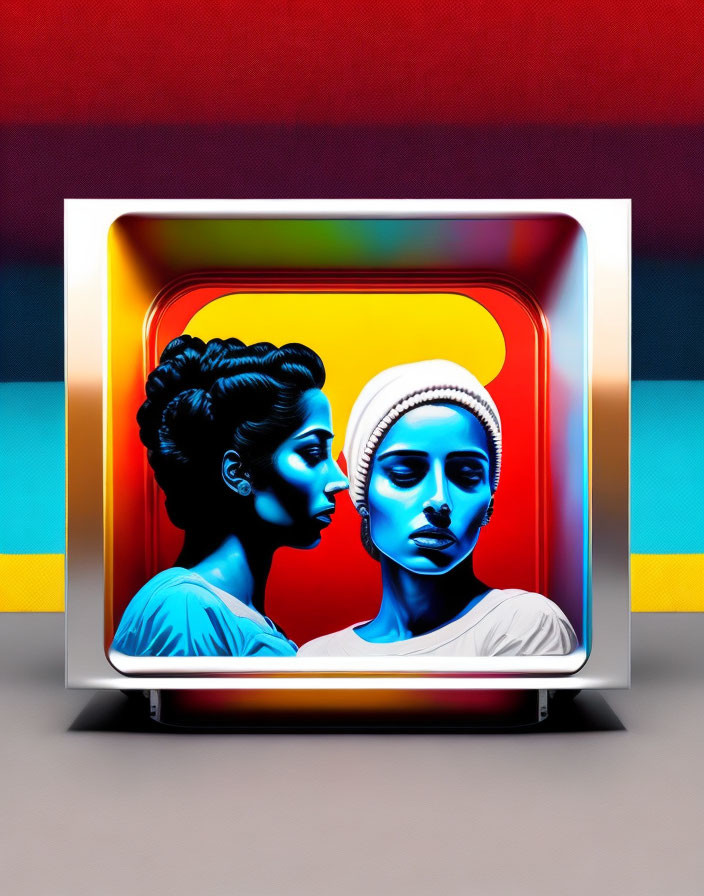 Vibrant digital artwork of two female profiles on geometric background