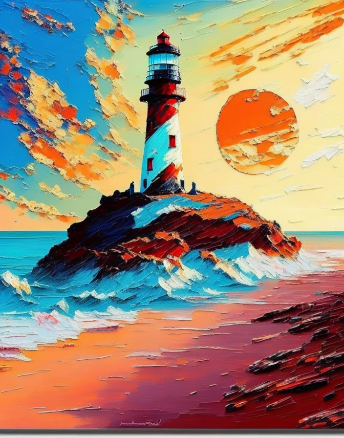 Red and White Lighthouse Painting with Sunset Sky and Seagulls