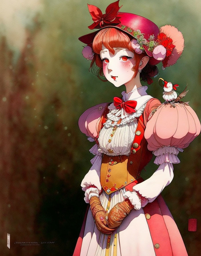 Stylized young woman in vintage dress with puffed sleeves and flower-adorned hat, holding