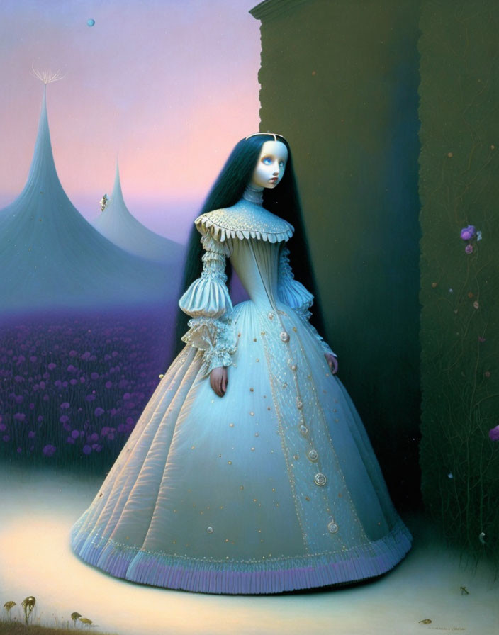 Surreal portrait of woman in pale blue gown in dreamlike landscape