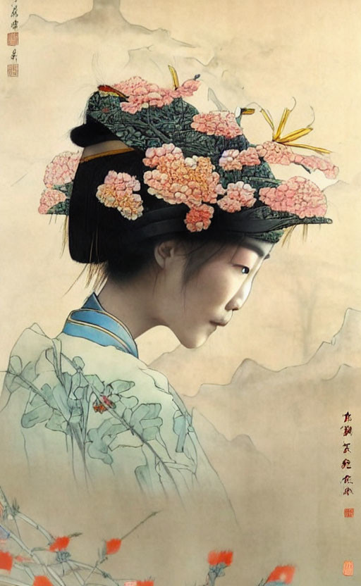 Traditional East Asian painting of woman with floral headdress in profile