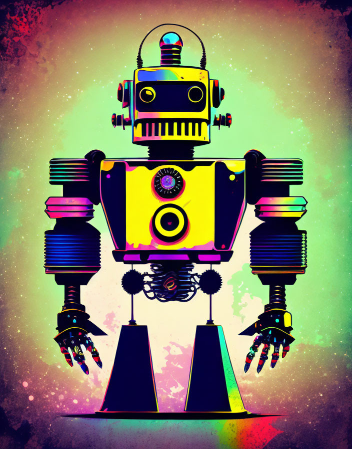 Vintage-style robot illustration with colorful, boxy head and mechanical arms on gradient background