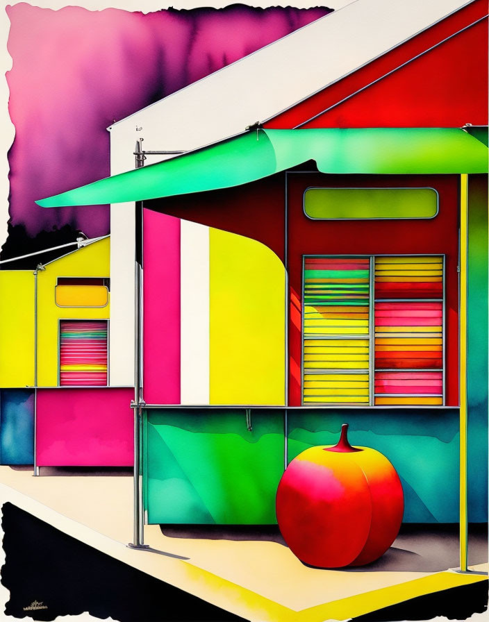 Colorful illustration of stylized building with red apple shape.