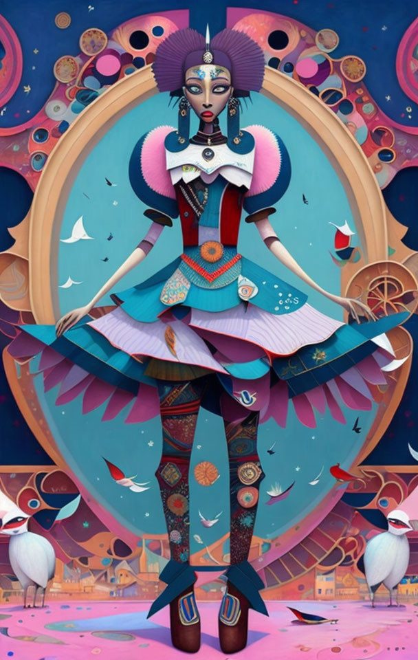 Colorful Character in Stylized Outfit with Birds and Abstract Patterns