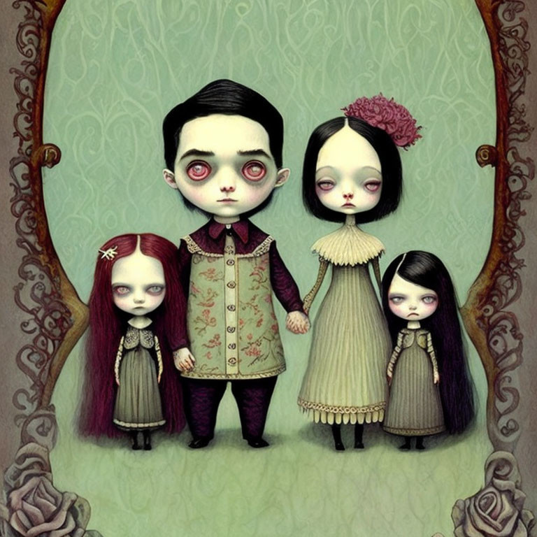 Stylized gothic animated characters in vintage attire on ornate green backdrop