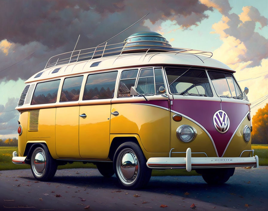 Vintage Yellow and Maroon Volkswagen Bus with Chrome Details in Rural Sunset Scene