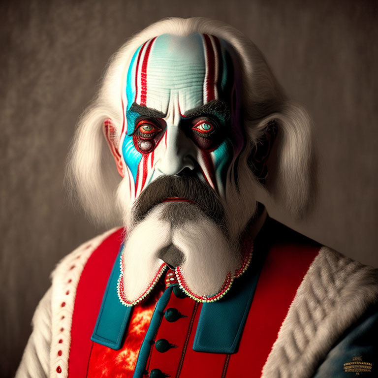 Man with Dramatic Clown Makeup in Americana Style with White Hair, Beard, and Vintage Costume