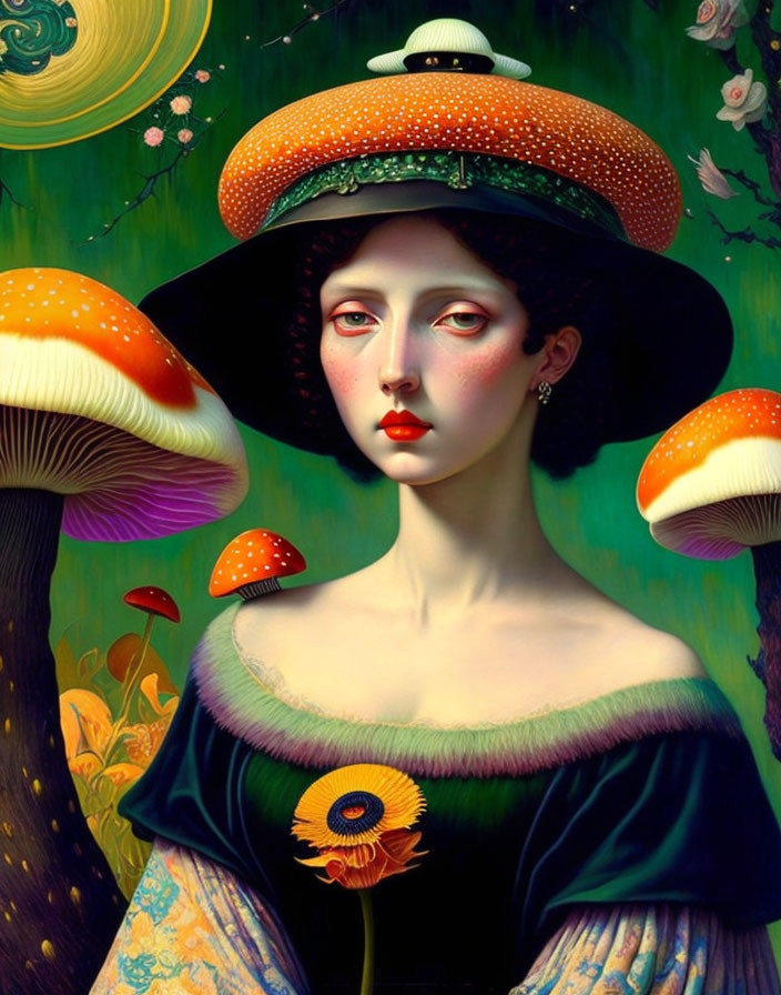 Surreal portrait of woman in mushroom hat against forest backdrop