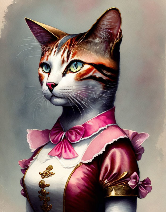 Anthropomorphic Cat in Pink Victorian Outfit