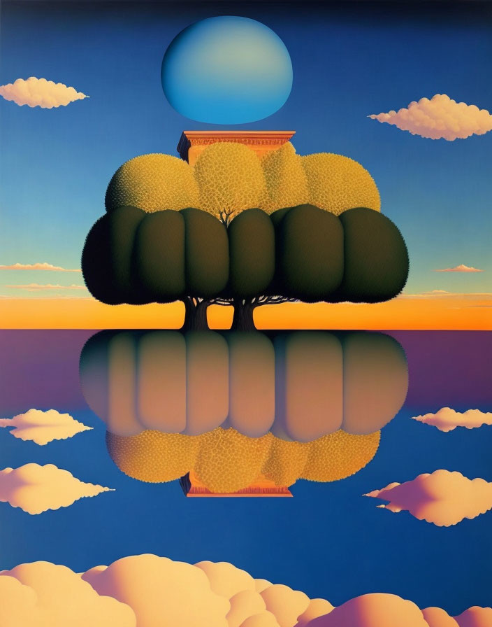 Surreal landscape with tree on island under large blue sphere