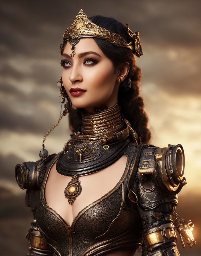 Steampunk woman in ornate attire against cloudy sky.