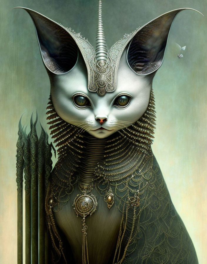 Fantastical digital artwork: Cat with large ears and ornate headgear