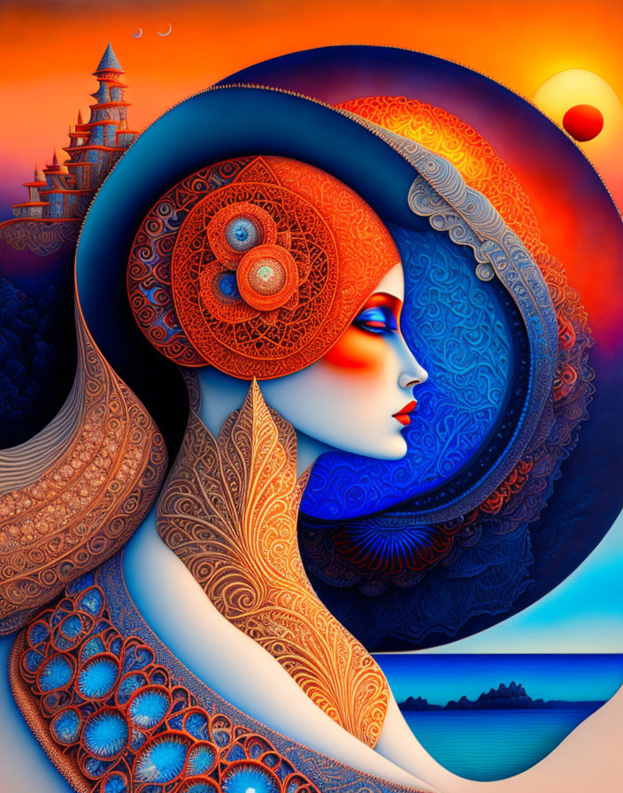 Colorful surreal artwork of a woman with intricate patterns in a vibrant landscape.