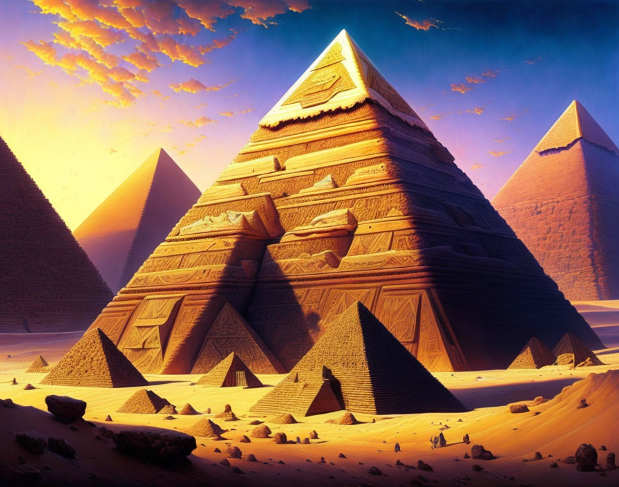 Detailed Egyptian Pyramids with Hieroglyphs at Sunset