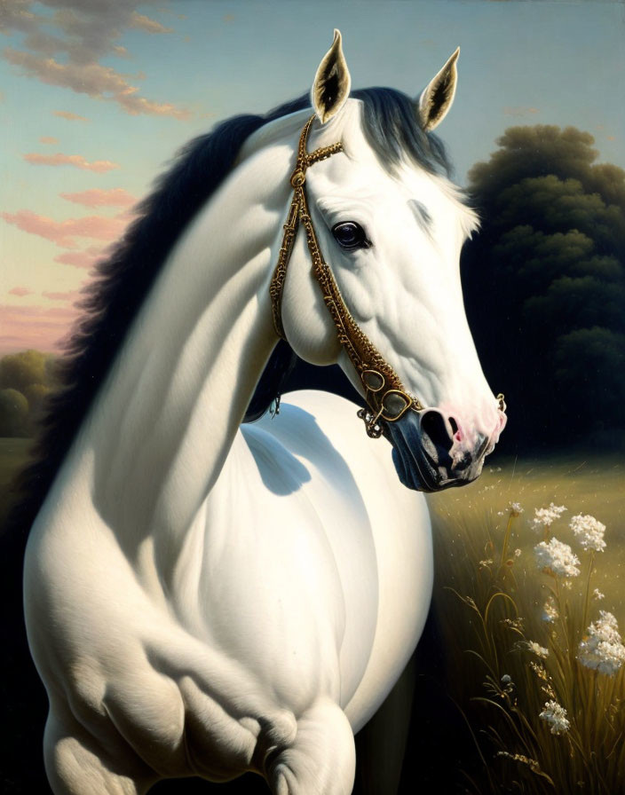 White Horse with Braided Mane and Regal Bridle in Field with Trees and Daisies