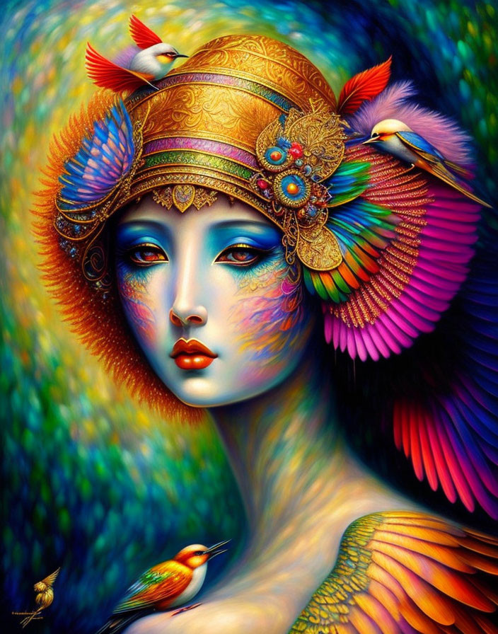 Colorful artwork: Woman with blue skin, golden headpiece, feathers, surrounded by birds