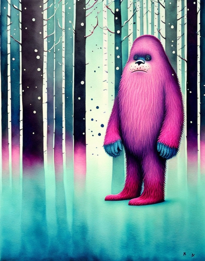 Pink furry creature in snowy forest with birch trees & teal background