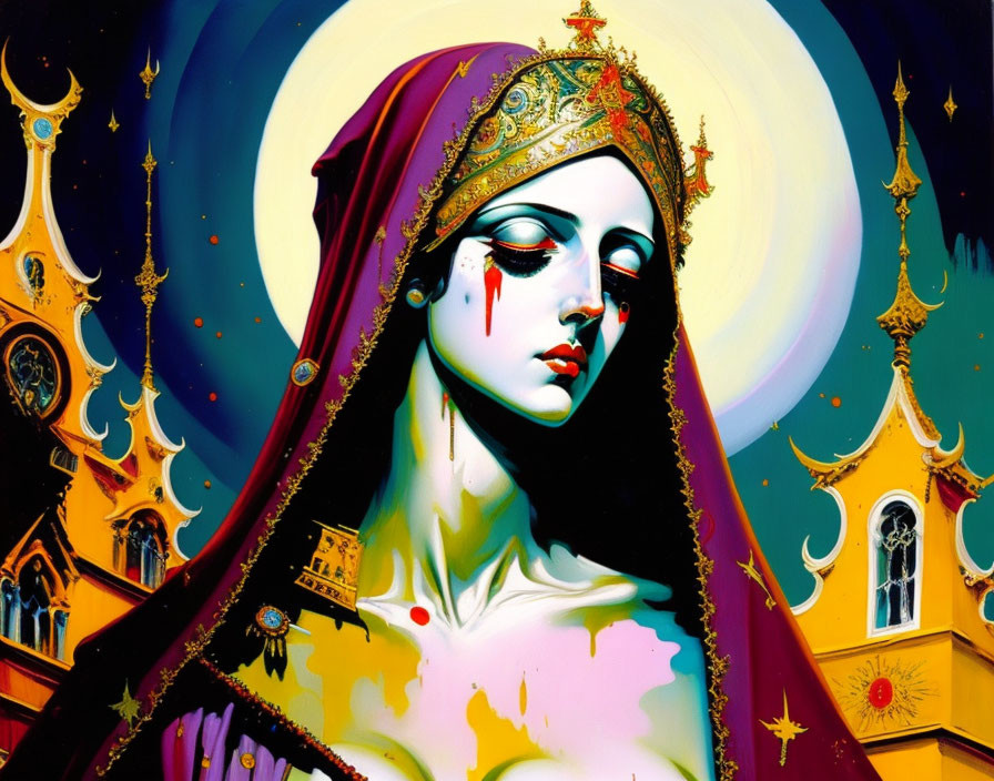 Stylized illustration of woman with pale skin and red tears in ornate golden setting