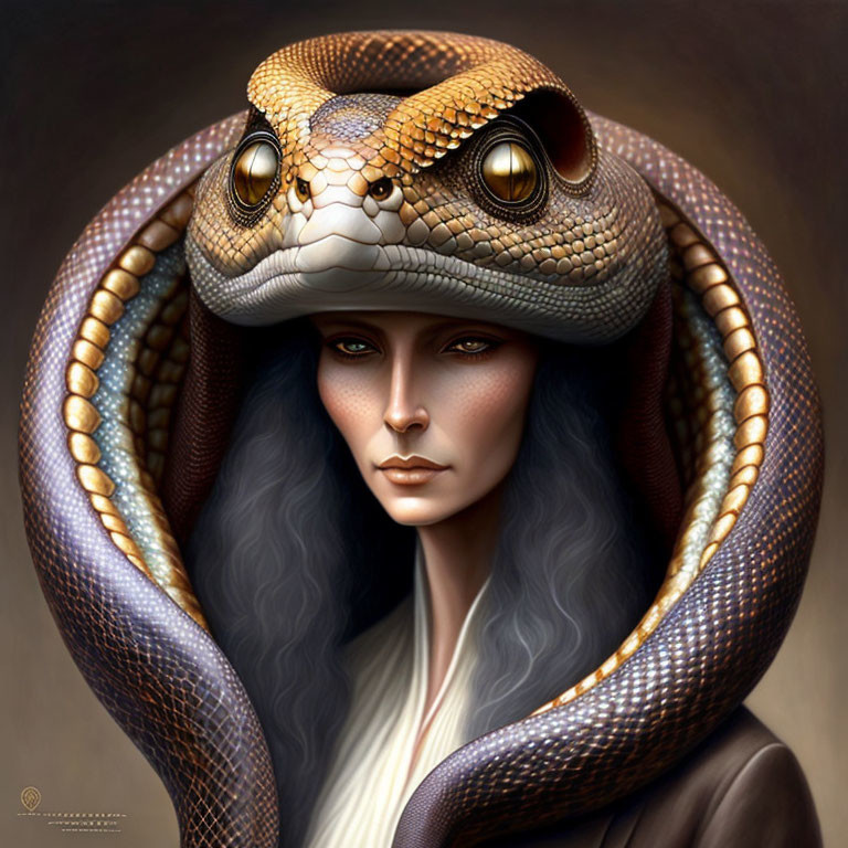 Surreal portrait of woman with snake head hat, detailed scales