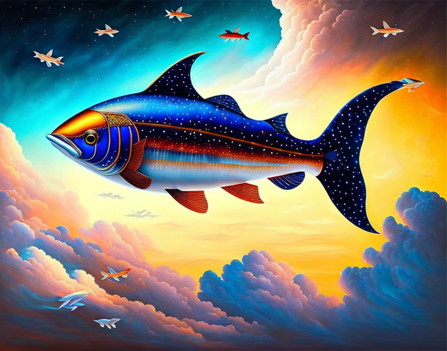 Colorful surreal fish with space pattern swimming in sky.