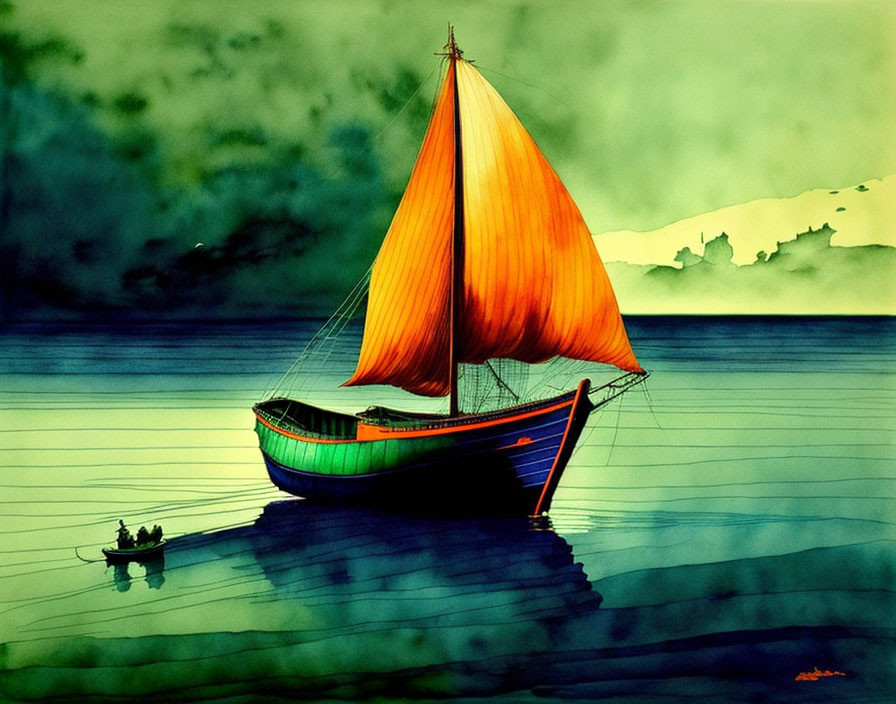 Sailboat with Orange Sails on Blue Waters