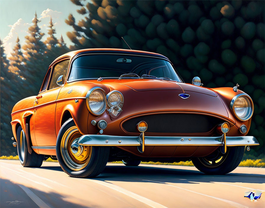 Classic Orange Sports Car with Chrome Details on Sunlit Road